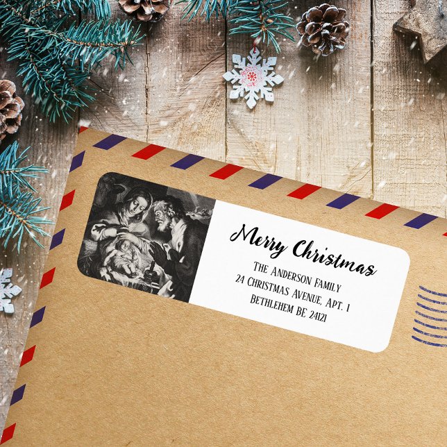 Black & White Religious Christian Holy Christmas (Black & White Simple Script Religious Christian Catholic Nativity Christmas Return Address Label)