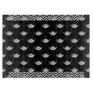 Black White Repeat Teapot Glass Cutting Board
