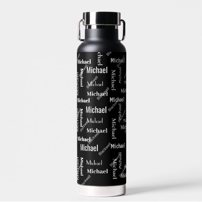 Black & White Repeating First & Last Name Gift Water Bottle (Front)