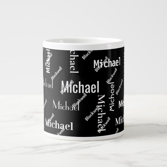 Black & White Repeating First Last Name Monogram Large Coffee Mug (Front)