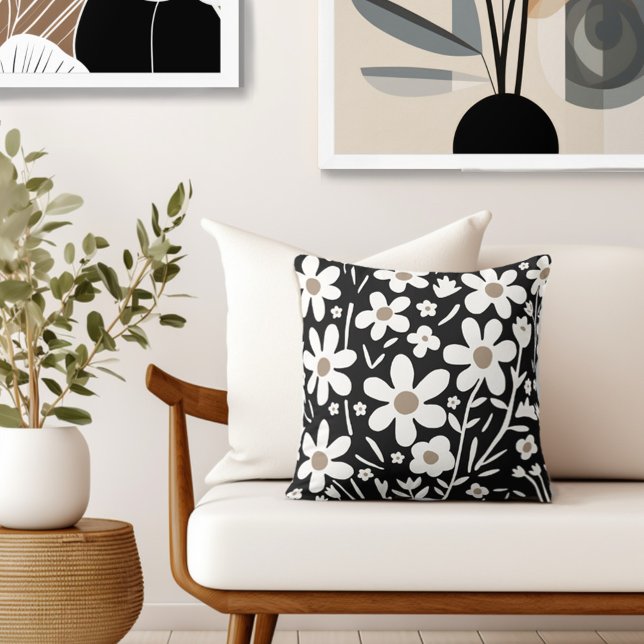 Black White Retro Floral Cushion (Style with the perfect blend of floral style & retro flair to your living space.)