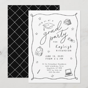 Black White Retro Hand Drawn Grad Party Invitation