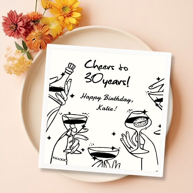Black White Retro Handdraw Funky Cocktail Birthday Napkin (Creator Uploaded)