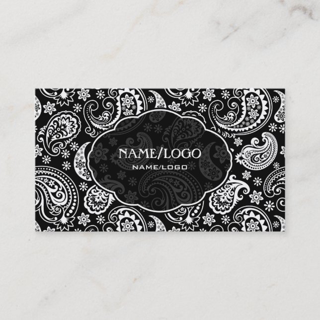 Black & White Retro Paisley Pattern 3 Design Business Card (Front)