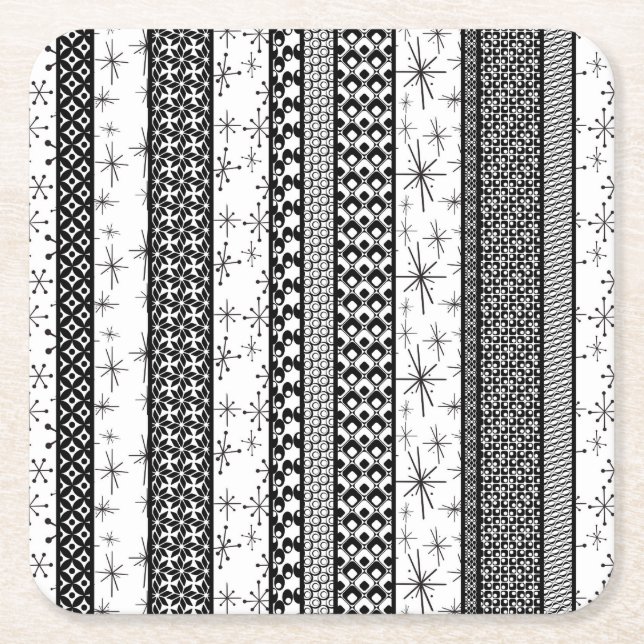 Black & White Retro Pattern Stripes 1 Square Paper Coaster (Front)