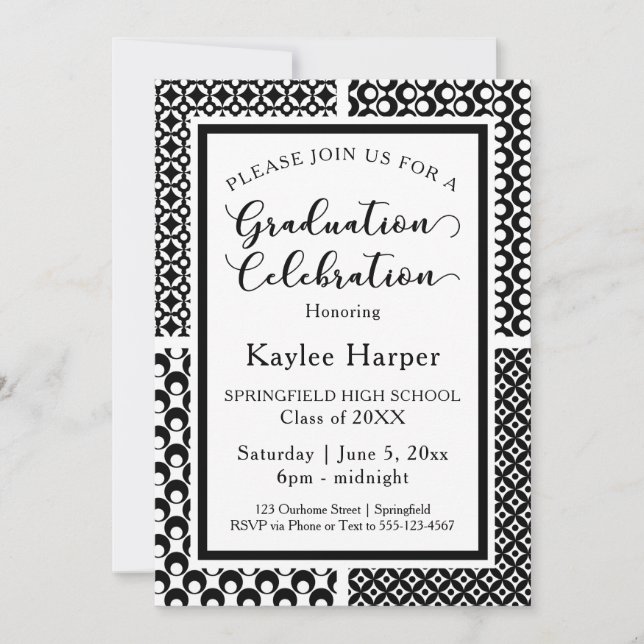 Black & White Retro Patterns Graduation Party Invitation (Front)