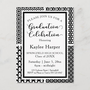 Black & White Retro Patterns Graduation Party Invitation Postcard