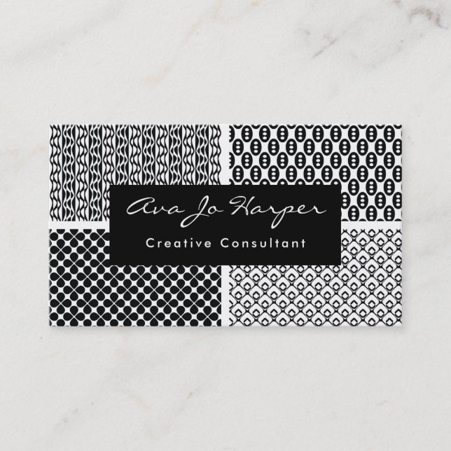 Black & White Retro Patterns x Four: Fun & Funky Business Card (Front)