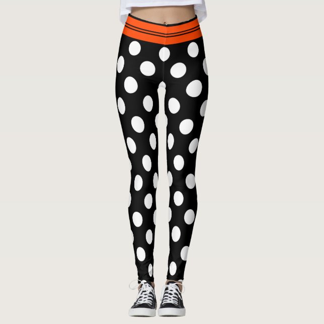 Black & white retro polka dots with orange stripe leggings (Front)