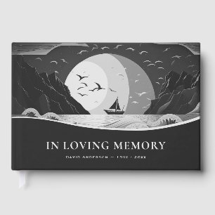 Black White Retro Sailing Boat Funeral Memorial Guest Book