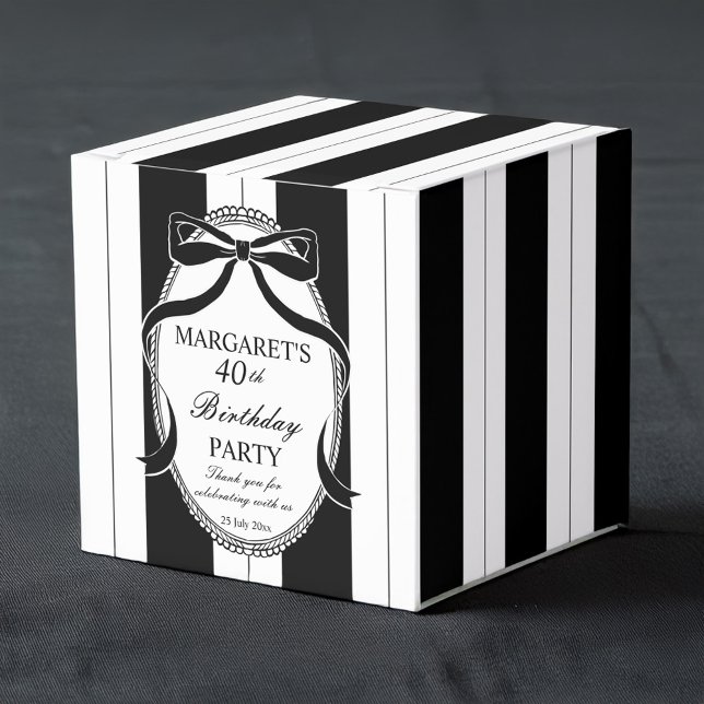Black white retro stripes birthday favours custom favour box (Black and white retro stripes coquette birthday party favors personalized favor boxes)