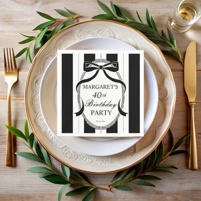 Black white retro stripes bow birthday monogrammed napkin (Black white retro stripes bow border adults birthday party elegant monogrammed printed napkins)