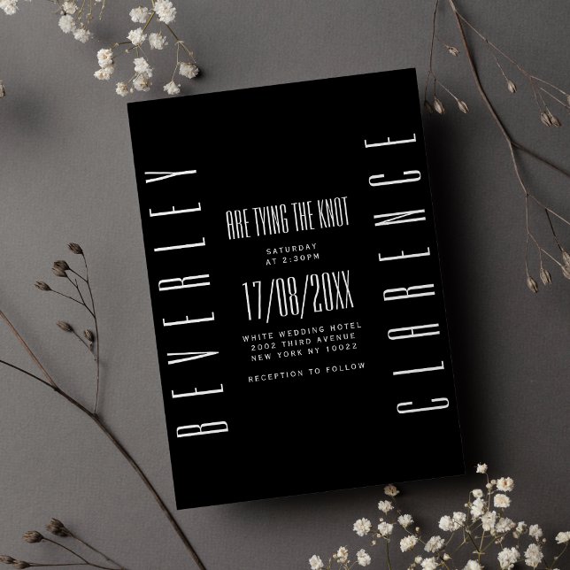 Black white retro themed typography simple wedding invitation (Retro black typography white gold floral wedding)