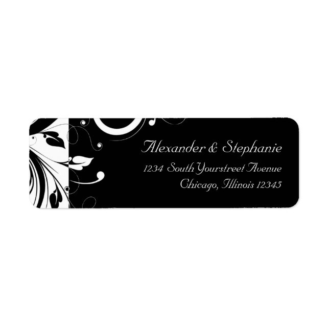Black +White Reverse Swirl Wedding Address Label (Front)