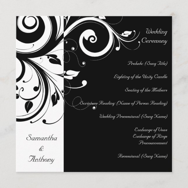 Black + White Reverse Swirl Wedding Program Programme (Front)