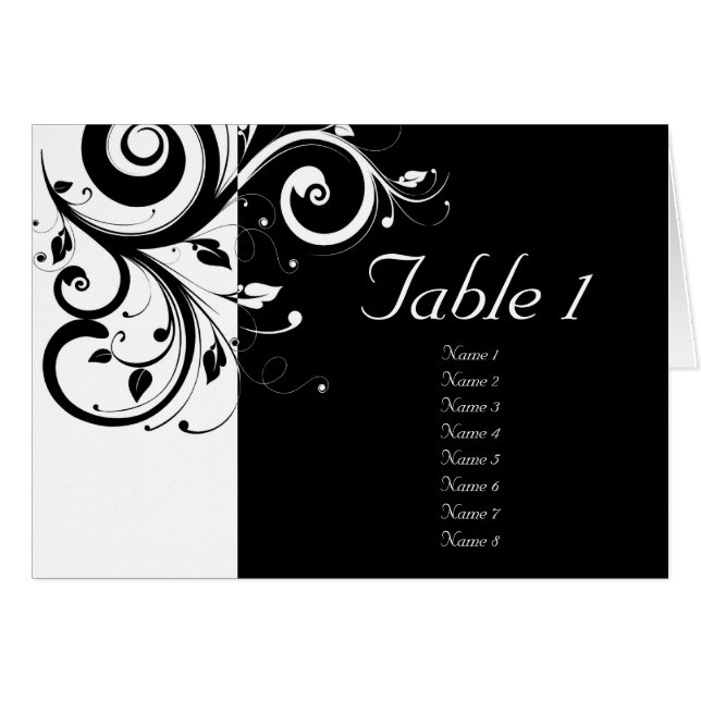 Black + White Reverse Swirl Wedding Table Cards (Front Horizontal)