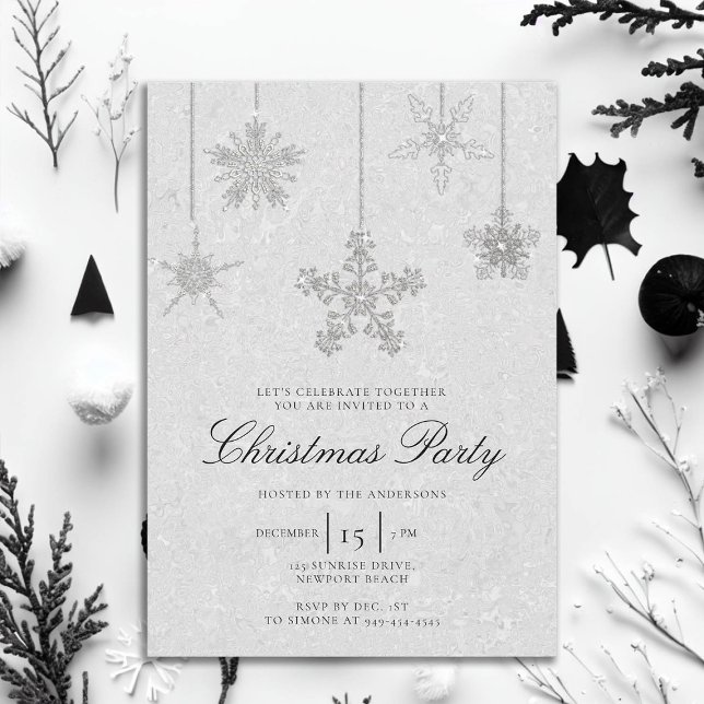Black White Rhinestone Snowflake Glitter Christmas Invitation (rhinestones glitter christmas party invitation elegant black and white modern minimalist classy chic)