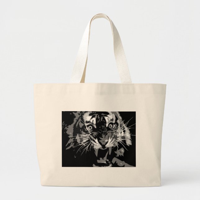 Black & White Roaring Tiger Large Tote Bag (Front)