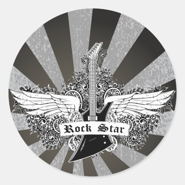 Black white Rock star electric guitar wings Classic Round Sticker (Front)