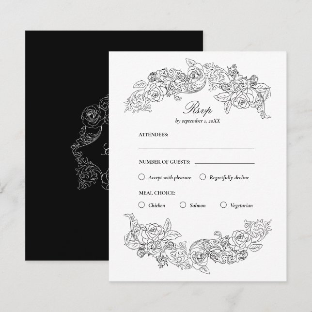 Black & White Rococo Meal Choice RSVP Card (Front/Back)