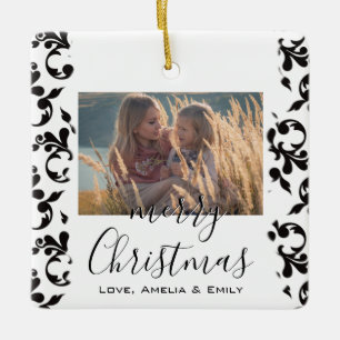 Black White Rococo Merry Christmas Script Photo Ceramic Ornament