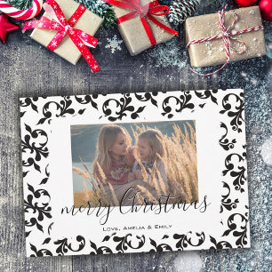 Black White Rococo Merry Christmas Script Photo Holiday Card