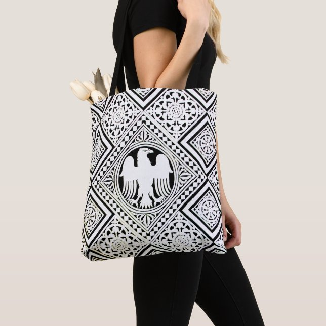 BLACK WHITE ROMAN EAGLE WITH DAMASK MOTIFS TOTE BAG (Close Up)