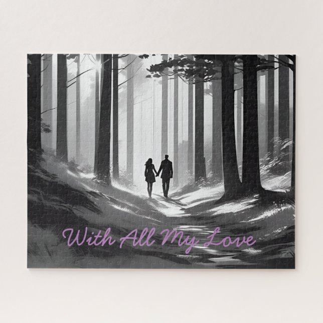 Black & White Romance Couple Silhouette in Forest Jigsaw Puzzle (Horizontal)