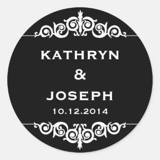 Black white romantic elegant scroll wedding favour classic round sticker