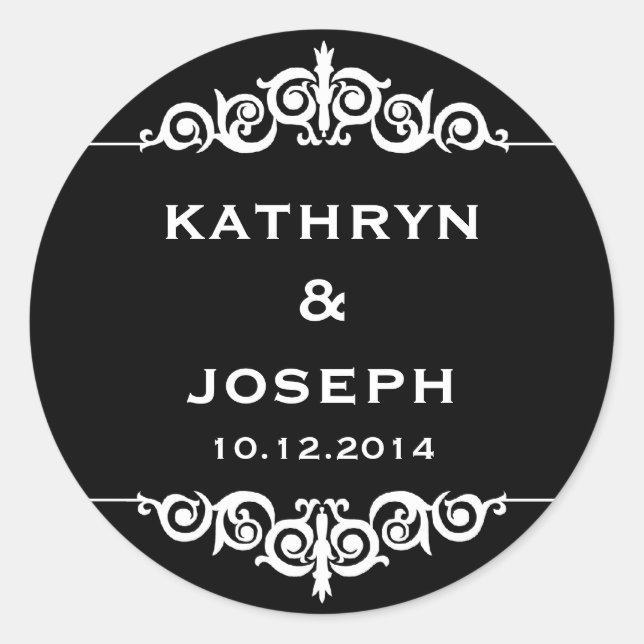 Black white romantic elegant scroll wedding favour classic round sticker (Front)