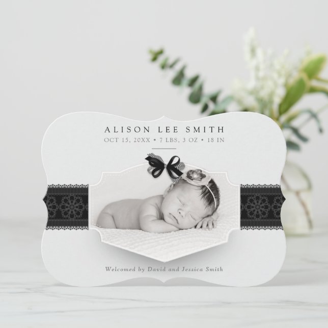 Black & White Romantic lace Birth Announcement (Standing Front)