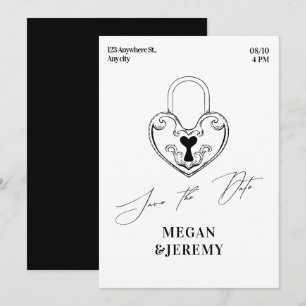 Black white romantic vintage heart lock wedding save the date