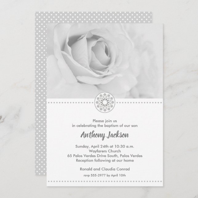 Black & White Rose Christening, Baptism Invitation (Front/Back)