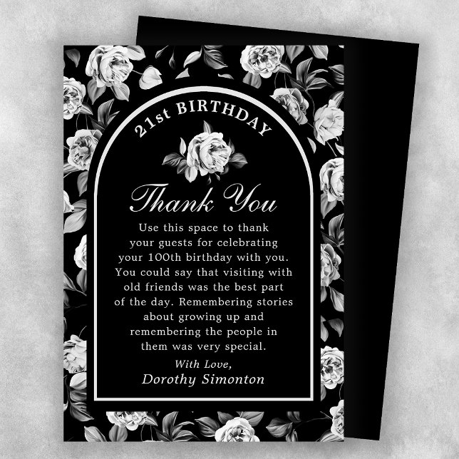 Black White Rose Floral Arch 21st Birthday Thank You Card (Creator Uploaded)