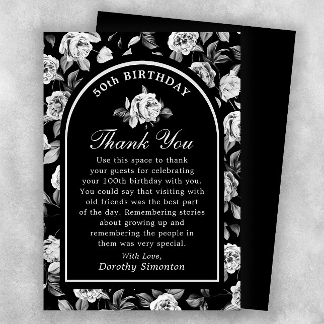 Black White Rose Floral Arch 50th Birthday Thank You Card (Creator Uploaded)
