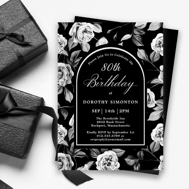Black White Rose Floral Arch 80th Birthday Invitation (Creator Uploaded)