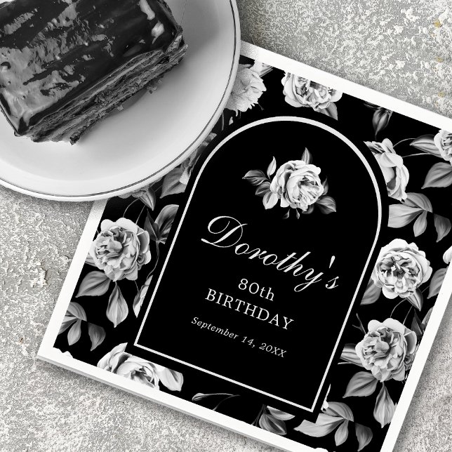 Black White Rose Floral Arch 80th Birthday Party Napkin (Creator Uploaded)