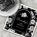 Black White Rose Floral Arch 90th Birthday Party Napkin<br><div class="desc">Elegant 90th birthday party cocktail napkin features a chic black and white rose floral background. A black arch edged in white contains the birthday celebrant's name written in a traditional script, 90th birthday and the date. A white rose decorates the inside of the arch. All text is editable. This item...</div>