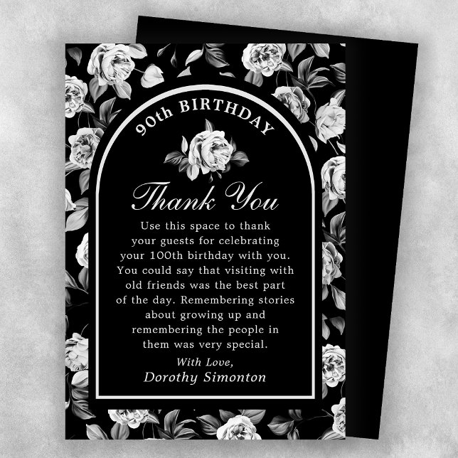 Black White Rose Floral Arch 90th Birthday Thank You Card (Creator Uploaded)