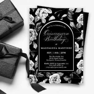 Black White Rose Floral Arch Quinceanera Invitation