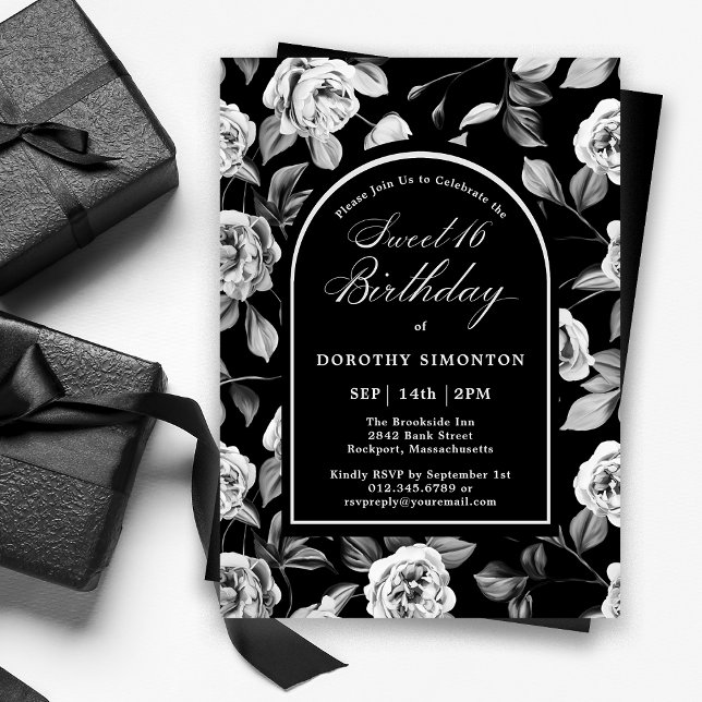 Black White Rose Floral Arch Sweet 16 Birthday Invitation (Creator Uploaded)