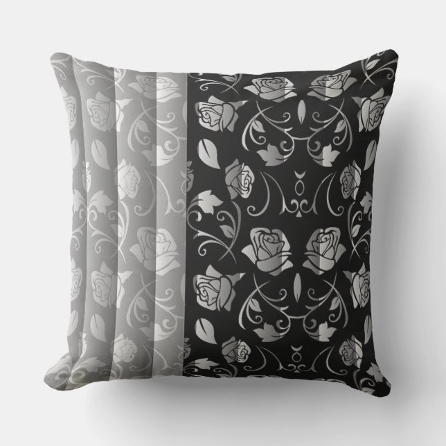 Black & White Rose Floral Panels Throw Pillow (Front)