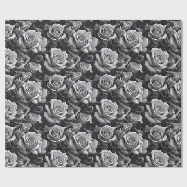 Black & White Rose Floral Pattern Wrapping Paper (Flat)