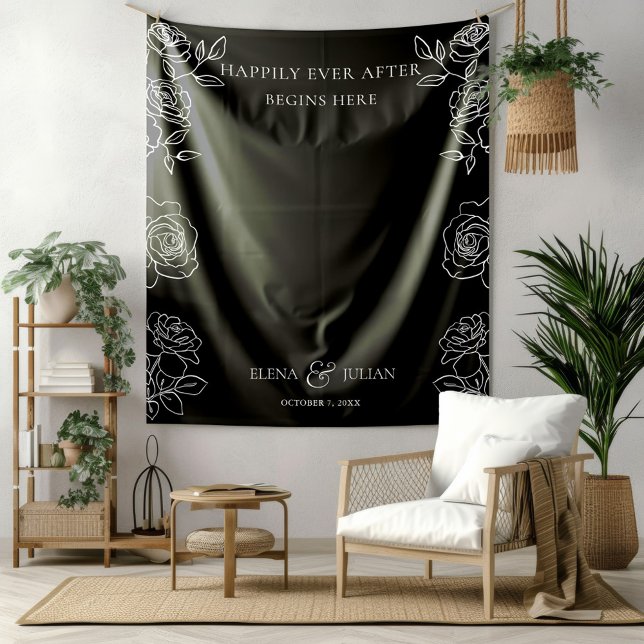 Black White Rose Floral Wedding Reception Setting Tapestry (Creator Uploaded)