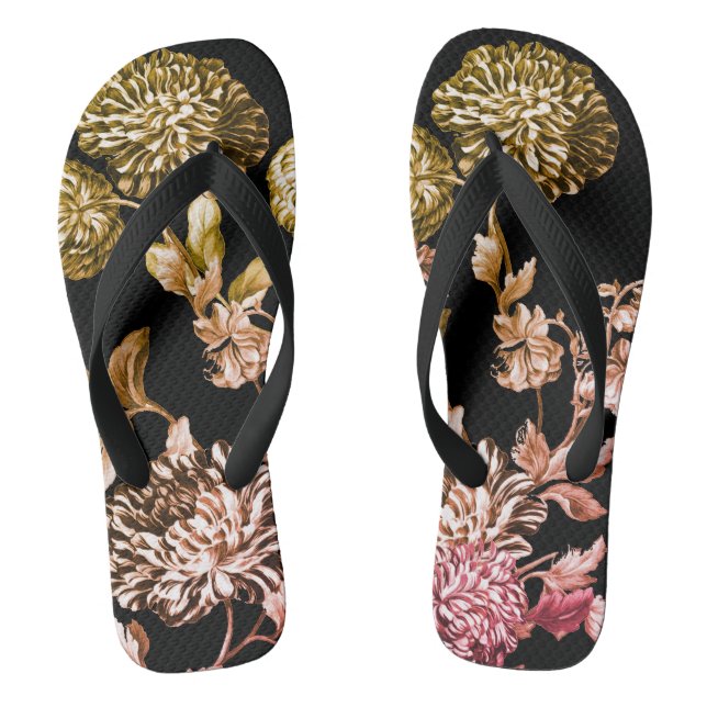 Black & White Rose Gold Botanical Floral Toile Jandals (Footbed)
