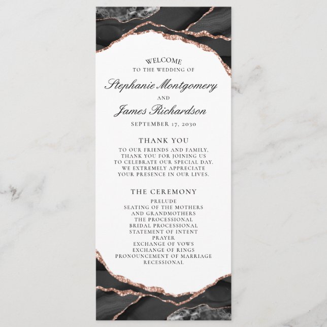 Black White Rose Gold Foil Agate Wedding Programme (Front)