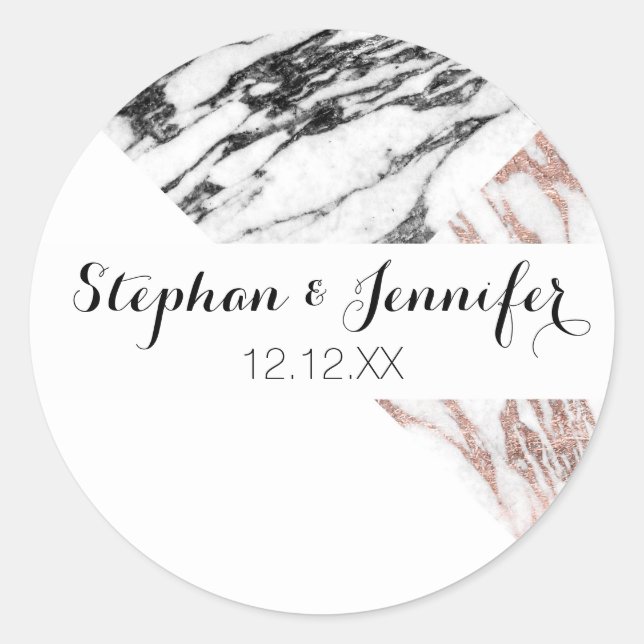 Black White Rose Gold Marble Geometric Triangles Classic Round Sticker (Front)
