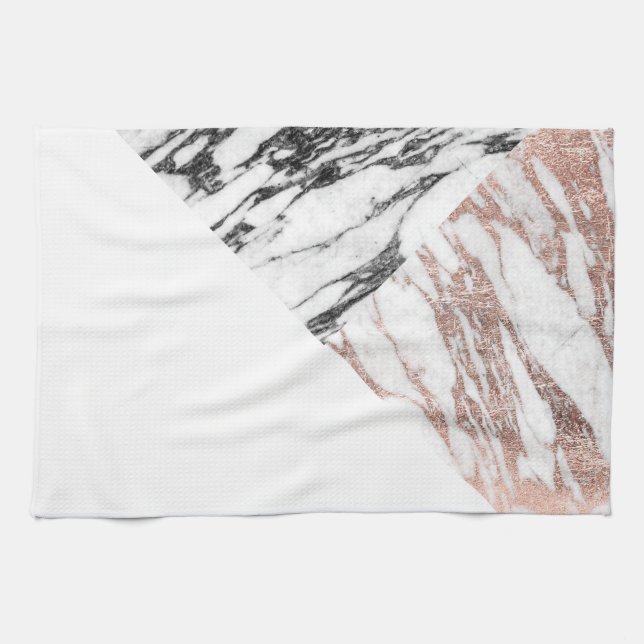 Black White Rose Gold Marble Geometric Triangles Tea Towel (Horizontal)