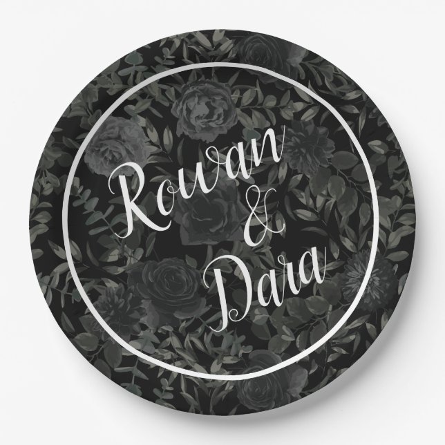 Black White Rose Gothic Wedding Paper Plate (Front)
