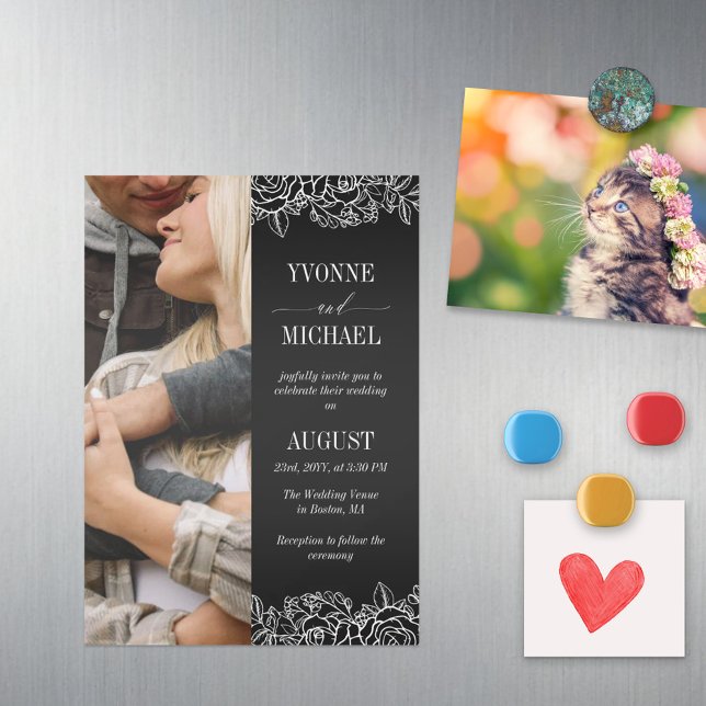 Black White Rose Outlines Photo Wedding Magnetic Invitation (Creator Uploaded)